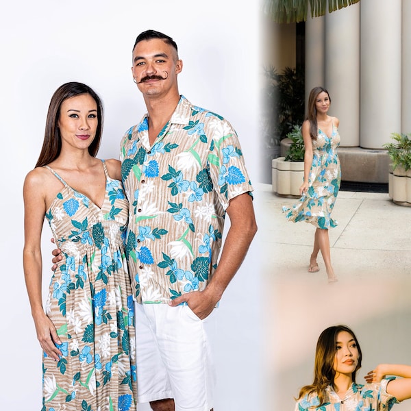 NinthIsle Fabriqué à Hawaï, tenue de villégiature familiale ultra-douce, nouvel oiseau de paradis chemise/robe Aloha assortie pour mariage, en vrac jusqu'à 7XL, cadeau fait main