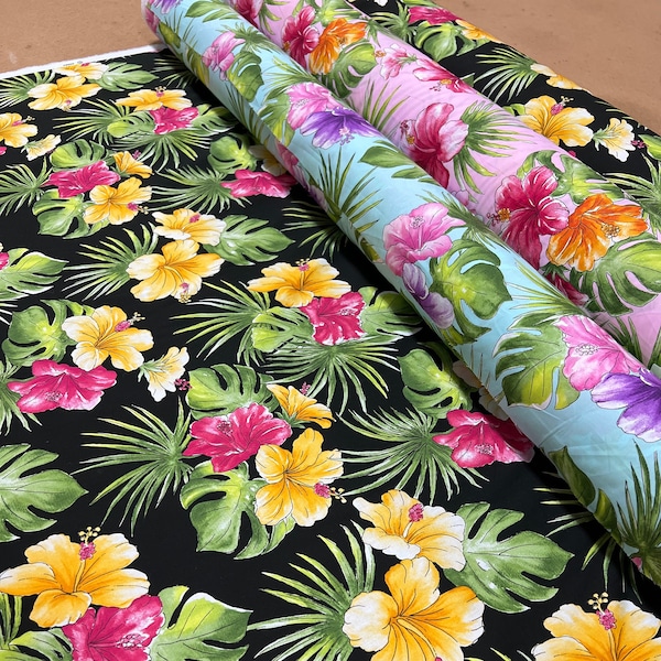 100 % Cotton Spring Exclusive Design Tropical Fabric - Hibiscus Blossom Garden - Sold by the Yard -  Summer Hawaiian Print Easy Wash