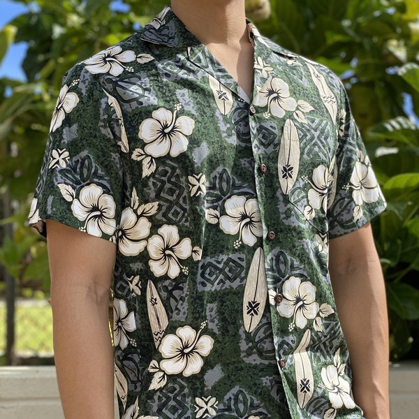 100% Cotton - Made in Hawaii - Hibiscus Flower and Surf Board Hawaiian Aloha Shirt - Big and Tall Available, S to 5XL,6XL,7XL