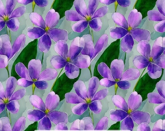 May include: A repeating pattern of purple flowers with five petals and yellow centers, interspersed with dark green leaves. The text "Ninth Isle Inspiration - Falling Elevators Series 1" is printed in black on a white rectangular label at the bottom.