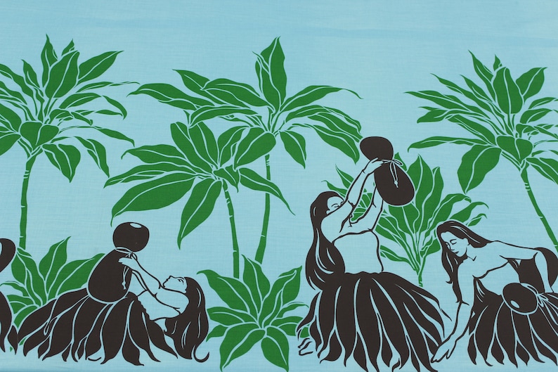 May include: A digital illustration of three women dancing in a tropical setting. The women are wearing black skirts and have long black hair. They are holding large green leaves in their hands. The background is a light blue color with green palm trees.