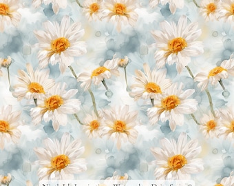 23/WINTER NI&I Cotton Poplin Cotton Fabric - Watercolors Daisy Series - Handmade Print in HI