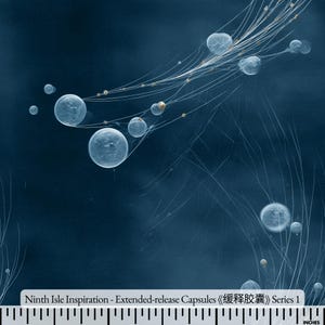 May include: Abstract art print featuring a dark blue background with floating, translucent orbs connected by thin, white lines. The text "Ninth Isle Inspiration - Extended-release Capsules 《缓释胶囊》 Series 1" is visible at the bottom, along with an inch ruler.