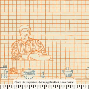 Puede incluir: Un estampado color crema con líneas de cuadrícula naranjas y un dibujo lineal de una persona en un fregadero. Debajo, los artículos de cocina incluyen una planta en maceta, un recipiente con tapa y un cuenco. El texto dice: Ninth Isle Inspiration - Morning Breakfast Ritual Series 1.