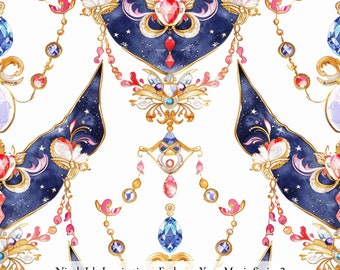 Peut inclure: Un motif répétitif présentant des formes célestes bleu foncé avec des étoiles blanches, des filigranes dorés et diverses pierres précieuses colorées, dont des cristaux rouges, roses et bleus. Le texte Ninth Isle Inspiration - Embrace Your Magic Series 2 est visible.