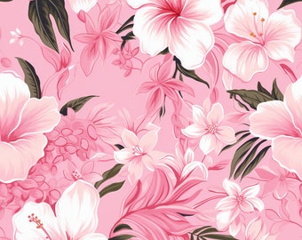 May include: A seamless pattern featuring pink and white hibiscus flowers, pink leaves, and a pink background.