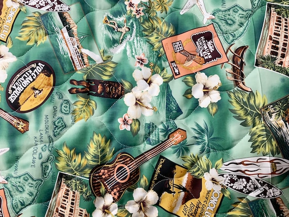 NinthIsle Original Quilted Fabric -  56 inch Wide - Sold by Yard - Kona Music Ukulele/ Sunset Palm Trees - Bulk and Wholesale