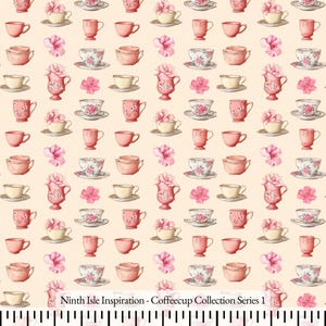 May include: A repeating pattern featuring teacups, saucers, and floral arrangements in pink, cream, and white. The design includes various teacup styles, some with floral patterns, and pink flowers. The background is a light peach colour.
