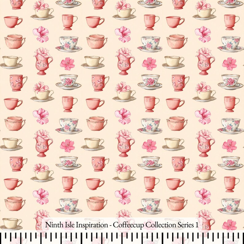 May include: A repeating pattern featuring teacups, saucers, and floral arrangements in pink, cream, and white. The design includes various teacup styles, some with floral patterns, and pink flowers. The background is a light peach colour.