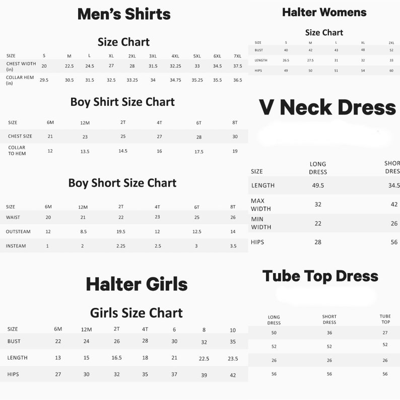 K&ouml;nnte beinhalten: Gr&ouml;&szlig;entabelle f&uuml;r Herrenhemden, Damen-Haltertops, Jungenhemden, Jungenhosen, M&auml;dchen-Haltertops und Kleider. Die Tabelle enth&auml;lt Ma&szlig;e f&uuml;r Brustweite, Kragenbund, Brustumfang, Kragen bis Saum, Taille, Au&szlig;ennaht, Innennaht, Brustumfang, L&auml;nge und H&uuml;fte. Die Tabelle ist in Zoll.