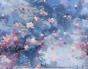 May include: A fabric print featuring a painterly scene of pink and white water lilies floating on a blue pond. The design includes scattered lily pads and a branch extending over the water. The text reads: Ninth Isle Inspiration - Flowers On Water Series 3.