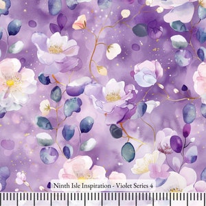 May include: A fabric pattern featuring watercolor-style purple flowers and eucalyptus leaves on a violet background with gold speckles. The text "Ninth Isle Inspiration - Violet Series 4" is printed at the bottom above a black and white ruler.