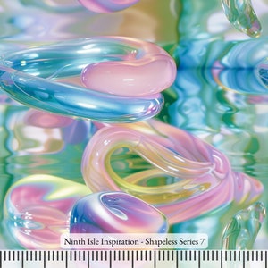 May include: Abstract digital art featuring iridescent, translucent, overlapping shapes in shades of pink, blue, and yellow. The image is titled "Ninth Isle Inspiration - Shapeless Series 7".