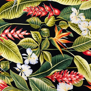 Wrinkle Resistant Tropical Design Fabric -  Vintage Bouquet and Ferns - Sold by the Yard - 65 Poly / 35% Cotton - Unique and Cute Print