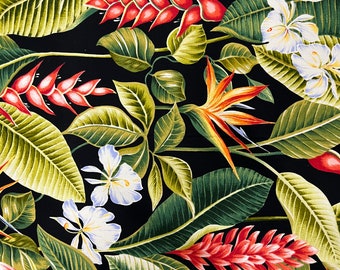 Wrinkle Resistant Tropical Design Fabric -  Vintage Bouquet and Ferns - Sold by the Yard - 65 Poly / 35% Cotton - Unique and Cute Print