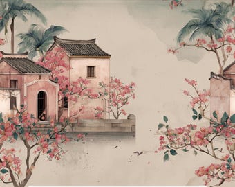 May include: A watercolour illustration depicting an Asian-inspired landscape with traditional buildings, palm trees, and pink cherry blossom trees in full bloom. The background is a soft, neutral colour with a suggestion of water. The text reads "Ninth Isle Inspiration - My Missing Second Series 1."