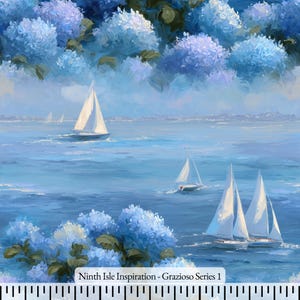 Pode incluir: Uma pintura artística retrata veleiros em um oceano azul, com hortênsias azuis e brancas em primeiro plano e fundo. O texto "Ninth Isle Inspiration - Grazioso Series 1" está na parte inferior.