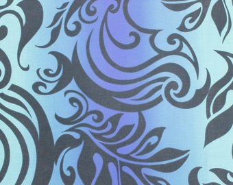 May include: Abstract pattern with black swirls and leaves on a blue and purple gradient background.