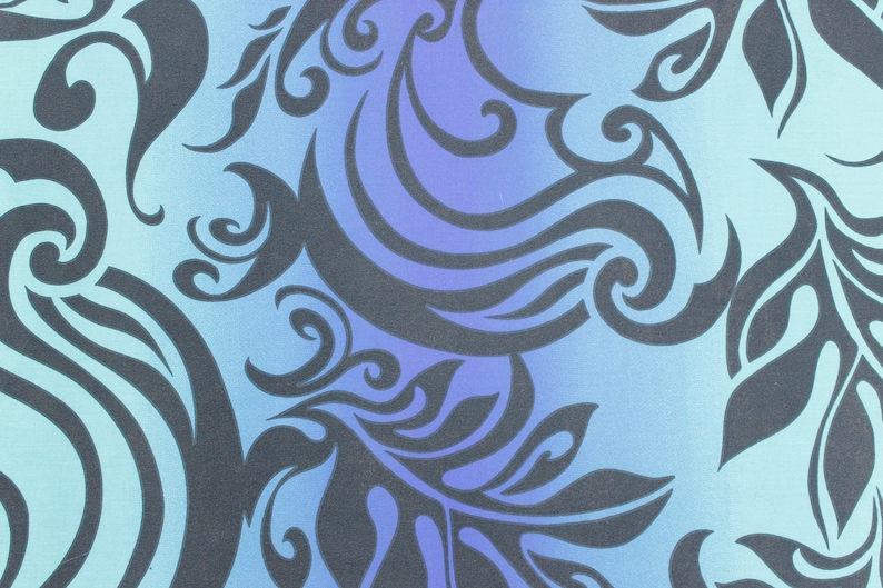May include: Abstract pattern with black swirls and leaves on a blue and purple gradient background.