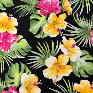 100 % Cotton Spring Exclusive Design Tropical Fabric - Hibiscus Blossom Garden - Sold by the Yard -  Summer Hawaiian Print Easy Wash
