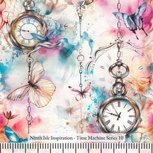 May include: A watercolor illustration featuring a whimsical design of antique pocket watches with chains and butterflies on a white background with pink, blue, and yellow watercolor splatters. The text "Ninth Isle Inspiration - Time Machine Series 10" is at the bottom of the image.