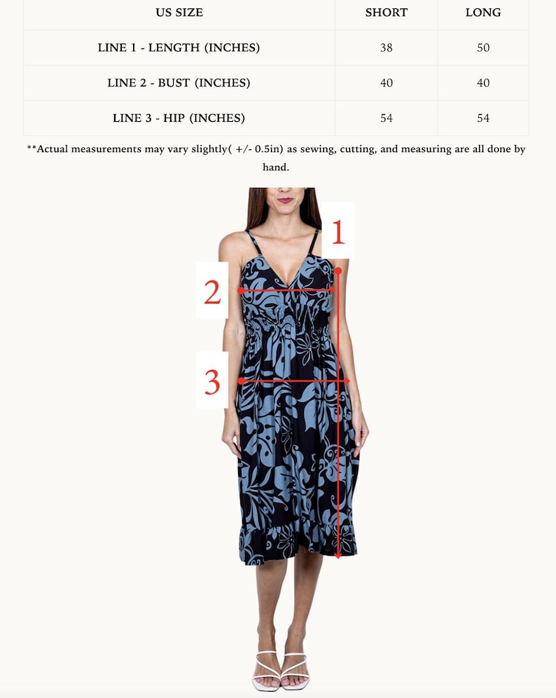 May include: A blue and black floral print maxi dress with a V-neckline and adjustable straps. The dress has a gathered waist and a flowy skirt. The dress is shown in two lengths, short and long. The measurements for each length are listed in inches.