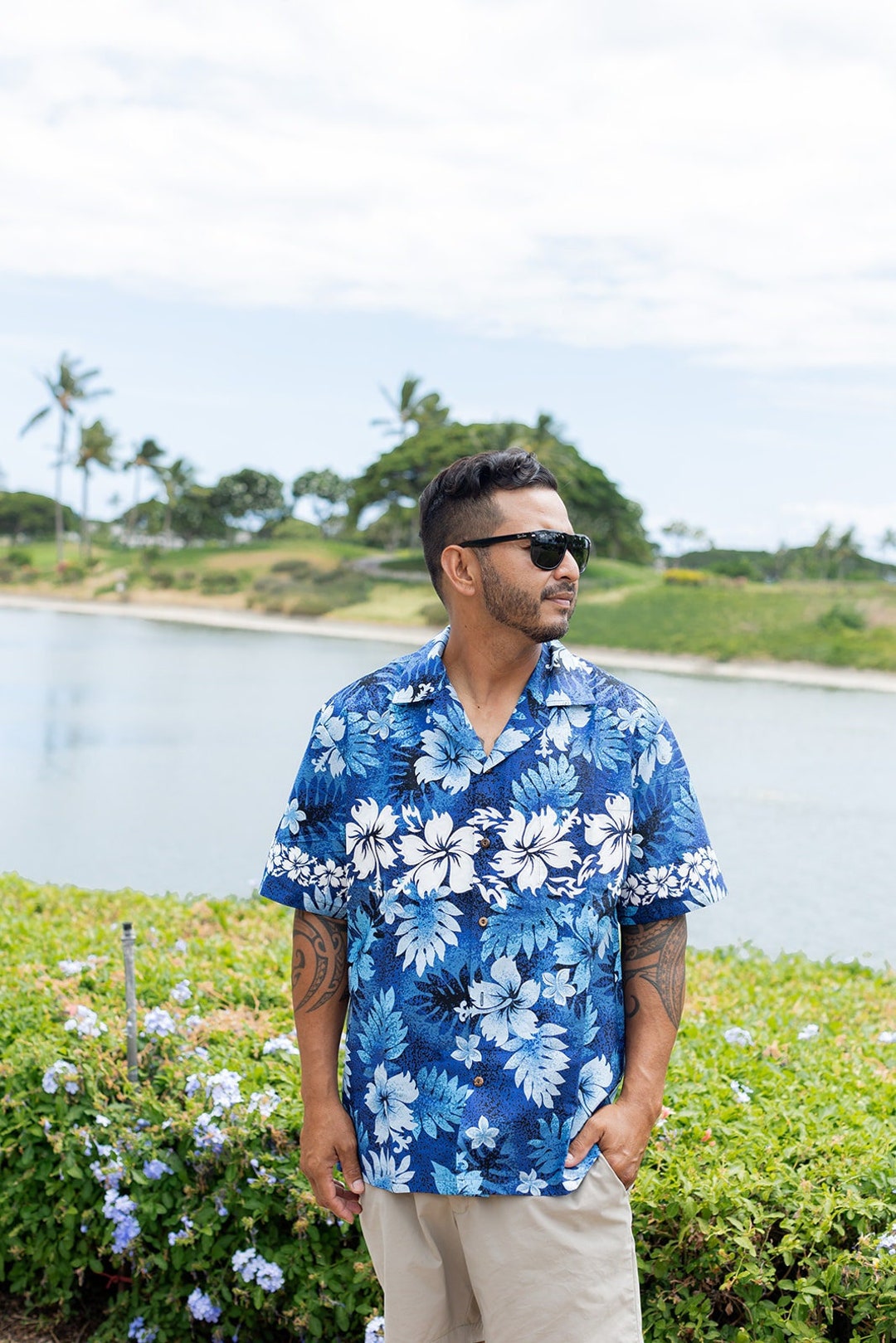 Asis Percales embroidery Aloha Shirt Blue