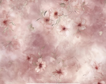 May include: A fabric with a watercolor floral design. The pattern features soft pink and white flowers with green leaves against a hazy, blush-colored background. The text "Ninth Isle Inspiration - Nectarine Series 1" is at the bottom.