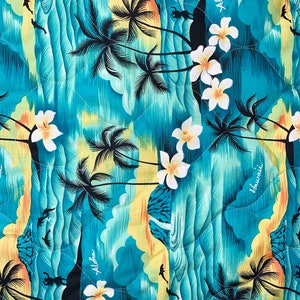 May include: A turquoise blue fabric with a repeating pattern of palm trees, waves, and flowers. The fabric has the words "Aloha" and "Hawaii" printed on it.