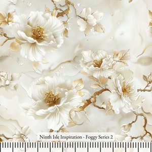 May include: White and gold floral pattern fabric with a repeating design of large white flowers with gold centers and gold leaves. The fabric has a subtle marbleized background. The text "Ninth Isle Inspiration - Foggy Series 2" is printed at the bottom of the fabric.