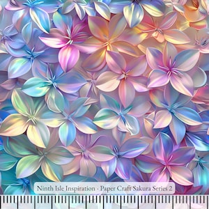 Könnte beinhalten: Ein nahtloses Muster aus irisierenden Papierblumen in Rosa-, Blau- und Weißtönen. Die Blumen sind in einem zufälligen Muster angeordnet und überlappen sich. Der Hintergrund ist hellrosa. Ninth Isle Inspiration - Paper Craft Sakura Series 2.
