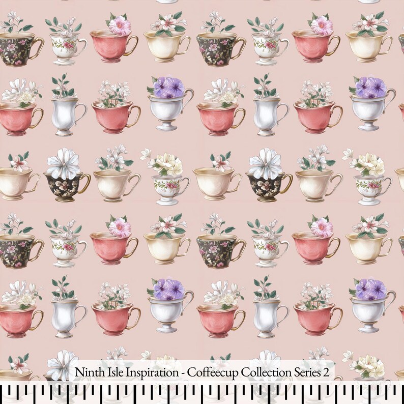 May include: A repeating pattern of watercolour teacups filled with flowers on a pale pink background. The teacups are in various colours and designs, including floral and solid colours. The text "Ninth Isle Inspiration - Coffeecup Collection Series 2" is at the bottom.