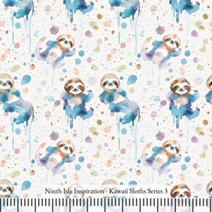 May include: A seamless pattern featuring watercolor sloths with blue, pink, and green accents. The sloths are surrounded by colorful dots and splatters on a white background. The text "Ninth Isle Inspiration - Kawaii Sloths Series 3" is at the bottom of the image.