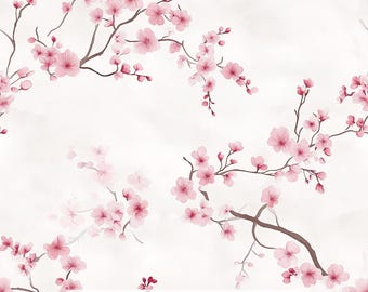 May include: A fabric design featuring watercolor-style cherry blossom branches with pink flowers and buds. The branches are brown against a white background with a subtle, cloudy effect. The text "Ninth Isle Inspiration - Cherry Blossoms Series 6" is at the bottom.
