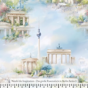 Może przedstawiać: Wzór na tkaninie z akwarelową ilustracją zabytków Berlina, w tym Bramy Brandenburskiej i Wieży Telewizyjnej. Projekt ma miękką, pastelową paletę kolorów z budynkami, drzewami i błękitnym niebem. Tekst na dole brzmi "Ninth Isle Inspiration - Das große Rasenstück in Berlin Series 1."
