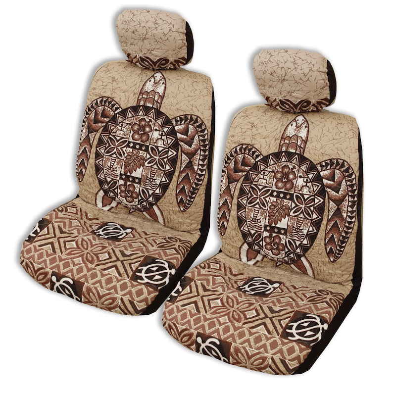 May include: Two brown and beige car seat covers with a Hawaiian turtle design. The covers feature a brown turtle with a geometric pattern on its shell and a brown and beige geometric pattern on the bottom.