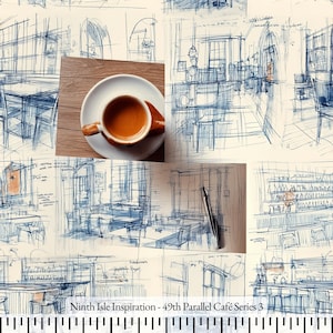以下が含まれることがあります： クリーム色の背景に青インクで描かれた建築スケッチのコラージュ。カフェの内装と、お菓子とコーヒーカップが描かれています。「Ninth Isle Inspiration - 49th Parallel Café Series 3」の文字が下部にあります。