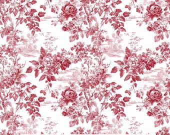 May include: A seamless pattern featuring a red and white toile de jouy design. The pattern includes detailed illustrations of roses, trees, and landscapes. The text at the bottom reads "Ninth Isle Inspiration - Toile De Jouy Rose World Series 4".