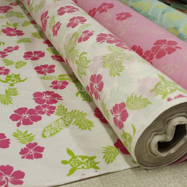 Wrinkle Resistant Tropical Design Fabric -  Floral and Turtle - Sold by the Yard - 65 Poly / 35% Cotton