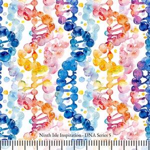 Op de afbeelding: Een aquarelpatroon met een herhalend ontwerp van kleurrijke DNA-strengen. De achtergrond is wit met kleine, verspreide aquarel stippen. De tekst "Ninth Isle Inspiration - DNA Series 5" staat onderaan de afbeelding.