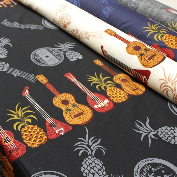 NinthIsle Exclusive Original Design 100 % Cotton Fabric -  Ukulele with Pineapple - Sold by the Yard -  Bulk Order Available Handmade Gifts