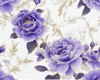 May include: A floral fabric design featuring large, light purple roses with gold-outlined leaves and stems against a white background. The text "Ninth Isle Inspiration - Light Purple Rose Series 1" is at the bottom.
