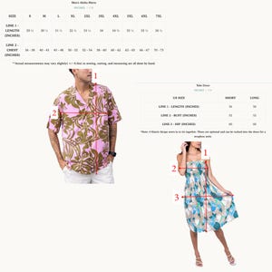 K&ouml;nnte beinhalten: Gr&ouml;&szlig;entabelle f&uuml;r Aloha-Hemden und -Kleider f&uuml;r M&auml;nner und Frauen. Die Tabelle zeigt die Ma&szlig;e in Zoll f&uuml;r L&auml;nge, Brust, Oberweite und H&uuml;fte. Das Herrenhemd ist pink mit einem gr&uuml;nen Blumenmuster. Das Damenkleid ist wei&szlig; mit einem blauen und gr&uuml;nen Blumenmuster.