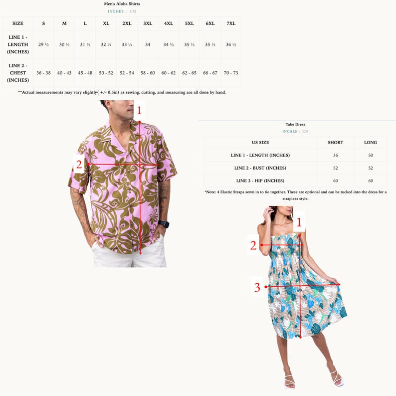 K&ouml;nnte beinhalten: Gr&ouml;&szlig;entabelle f&uuml;r Aloha-Hemden und -Kleider f&uuml;r M&auml;nner und Frauen. Die Tabelle zeigt die Ma&szlig;e in Zoll f&uuml;r L&auml;nge, Brust, Oberweite und H&uuml;fte. Das Herrenhemd ist pink mit einem gr&uuml;nen Blumenmuster. Das Damenkleid ist wei&szlig; mit einem blauen und gr&uuml;nen Blumenmuster.