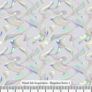 May include: A seamless pattern featuring iridescent, abstract shapes in shades of blue, green, pink, and purple on a light gray background. The pattern is reminiscent of liquid or flowing water.
