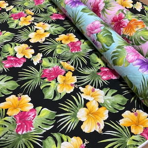 100 % Cotton Spring Exclusive Design Tropical Fabric - Hibiscus Blossom Garden - Sold by the Yard -  Summer Hawaiian Print Easy Wash