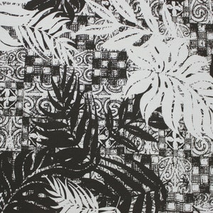 Puede incluir: Tela estampada en blanco y negro con un dise&ntilde;o repetitivo de hojas y formas geom&eacute;tricas.