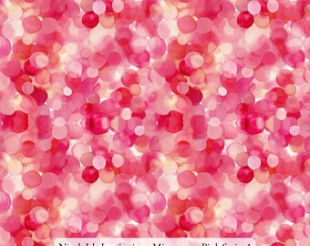 May include: A seamless pattern of pink, red, and white watercolor circles. The circles are of varying sizes and are arranged in a random pattern. The background is white. The text "Ninth Isle Inspiration - Microscope Pink Series 1" is at the bottom of the image.