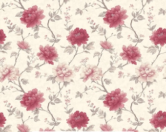 May include: A fabric pattern featuring a repeating floral design of deep pink and soft blush peonies on a cream background. The stems are thin and grey, winding across the surface. The text Ninth Isle Inspiration - Powder Pink Floral Series 1 is visible.
