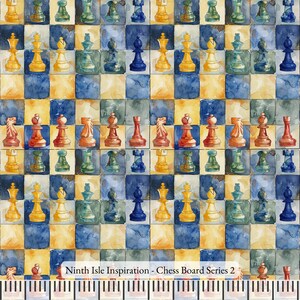 May include: A watercolor painting of a chessboard with colorful chess pieces. The board is made up of alternating squares of yellow and blue. The chess pieces are painted in shades of red, yellow, blue, and green. The text "Ninth Isle Inspiration - Chess Board Series 2" is printed at the bottom of the image.
